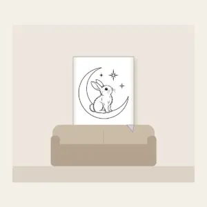 Line-Art Rabbit on a Crescent Moon Fleece Blanket in white: A white line-art rabbit sitting on a crescent moon with three stars.