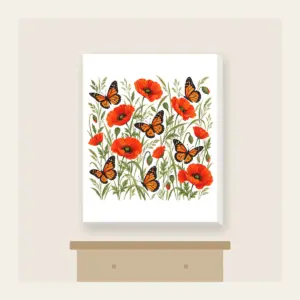 Butterflies Among Poppies Canvas Print in white: Orange-and-black butterflies drift between poppies and tall grasses on a cream ground.