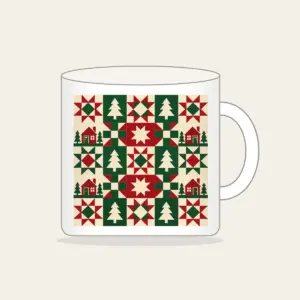 Cabin, Tree and Star Patchwork Mug in white: Patchwork squares hold simple cabin, tree and star motifs in red, cream and green.