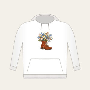 Lace-Up Boot Overflowing with Daisies Hoodie in white: A lace-up boot spilling daisies and bluebells in cream, sky blue and rust.