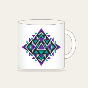Violet and Teal Triangle Pattern Mug in white: A bold geometric pattern of triangles in violet, teal and silver on charcoal.