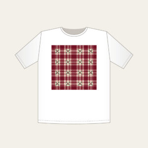 Burgundy Tartan with Leaf Sprigs T-Shirt in white: Burgundy and cream tartan with small leaf sprigs at the intersections.