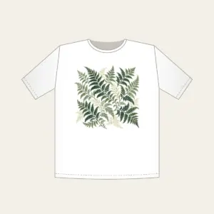 Fern Lattice T-Shirt in white: Fern fronds interlaced into a lattice in sage, forest green and cream.