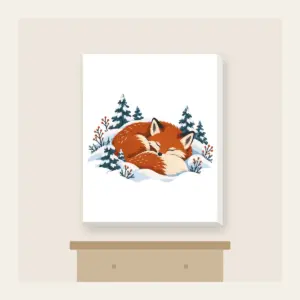 Sleeping Fox Among Snowy Pines Canvas Print in white: A fox curled asleep in a snowbank with tiny pines, in rust, cream and slate blue.