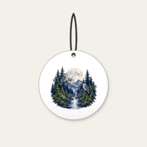 Moonlit Pine Forest with Owls Ceramic Ornament in white: A moonlit forest of pines and owls in navy, silver and moss beneath a large pale moon.