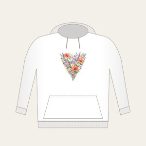 Wildflower Meadow in Coral and Lilac Hoodie in white: A single tall wildflower meadow in coral, lilac, green and cream narrows to a point at the lower edge.
