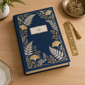 Ink-blue fabric book cover with gold fern border and a small cream name label
