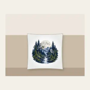 Moonlit Pine Forest with Owls Pillow in white: A moonlit forest of pines and owls in navy, silver and moss beneath a large pale moon.