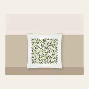 Pear and Leaf Mosaic Pillow in white: Leaves and tiny pears form a mosaic in sage, olive and cream.