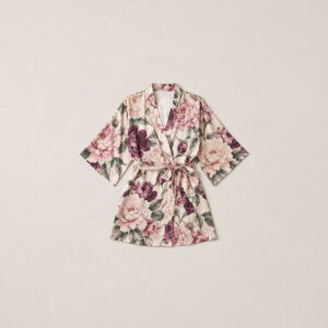 Satin Peony Garden Women's Robe with all-over peonies and leaves in blush, plum and sage