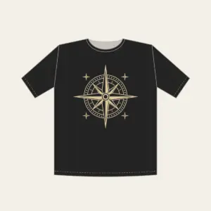 Compass Rose with Four Stars T-Shirt in black: A compass rose drawn in fine cream lines, with four tiny stars around it.