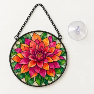 Stained Glass Dahlia Suncatcher with a dahlia drawn as a stained glass mosaic of magenta, orange and green with thin dark lead lines