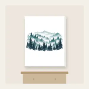 Pine Rows Fading into Mist Canvas Print in white: Rows of pine silhouettes recede into mist in slate, teal and white.