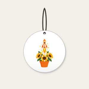 Striped Rocket in Sunflower Pot Ceramic Ornament in white: A small striped rocket lifts off from a pot of sunflowers in white, yellow and orange.