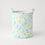 Bubble and Sock Laundry Basket with soap bubbles and tiny socks in aqua and yellow on white, printed around the whole basket body