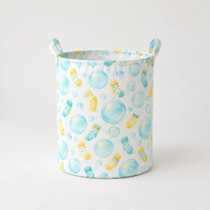 Bubble and Sock Laundry Basket with soap bubbles and tiny socks in aqua and yellow on white, printed around the whole basket body
