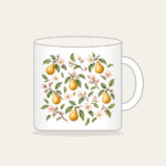 Golden Pears and Blush Blossoms Mug in white: Small golden pears, blush blossoms and sage leaves scatter across an airy white ground.