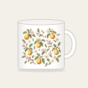Golden Pears and Blush Blossoms Mug in white: Small golden pears, blush blossoms and sage leaves scatter across an airy white ground.