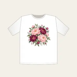 Blush and Plum Peony Blooms T-Shirt in white: Full peony blooms in blush, plum and sage fill the space in a lush repeating pattern.