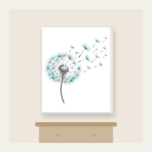 Dandelion Seed Head Drifting Away Canvas Print in white: A dandelion seed head releases seeds in grey and teal on white.