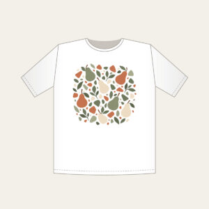 Pear and Pebble Terrazzo Garden T-Shirt in white: All-over terrazzo of pears, leaves and pebbles in sage, terracotta and cream.