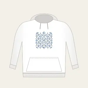 Navy Trellis and Leaf Pattern Hoodie in white: A repeating trellis of fine lines and small leaves in navy, sky blue and cream.