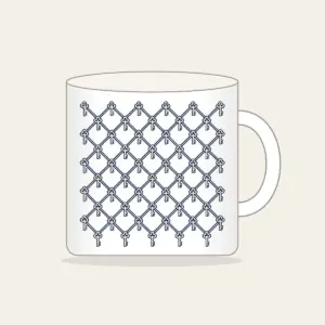Navy Lattice with Tiny Keys Mug in white: A lattice of thin navy lines on cream, with a tiny repeating key motif.
