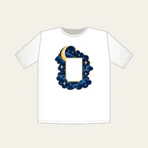 Starry Navy Sky with an Open Center T-Shirt in white: A deep-blue sky of tiny stars and a crescent surrounds an empty central rectangle.