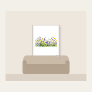 Wildflower Strip Beneath a Pale Sky Fleece Blanket in white: A strip of yellow, purple and white wildflowers runs along the lower edge beneath a pale sky gradient.
