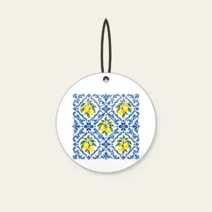 Cobalt Mediterranean Tiles with Lemons Ceramic Ornament in white: An all-over repeat of Mediterranean-style tiles in cobalt and white with small lemon accents.