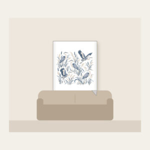 Herons and Reeds in Grey-Blue Fleece Blanket in white: Herons stand among reeds in grey-blue and cream in an all-over pattern.