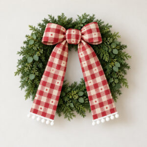 Gingham Bell Door Wreath Sash with red and cream gingham and tiny flat printed stars with white pompoms at both ends; no embroidery