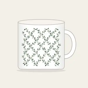 Forest Green Trellis with Tiny Leaves Mug in white: Trellis lines with small leaves in forest green, cream and sage repeat all over.