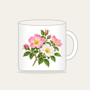 Wild Rose Branch Mug in white: A branch of wild roses with pink and white blossoms and fresh green leaves.