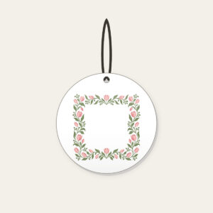 Sage Vine and Tulip Border Ceramic Ornament in white: A border of curling sage vines and blush tulips around an empty center.
