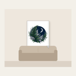 Moonlit Fern Fronds on Navy Fleece Blanket in white: Silver and deep green fern fronds curl over navy beneath a small crescent moon.