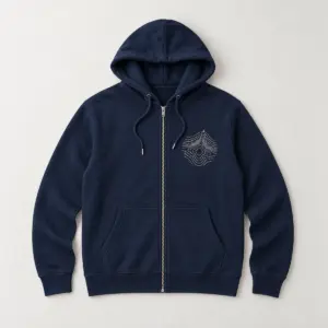 French Navy Contour Zip Hoodie with compact left-chest patch-size printed topographic contour mark in ivory with one small gold peak marker, kept entirely on one side of the zipper