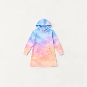 Cloud Wash Hoodie Dress with a watercolor wash gradient from pale blue to lilac to peach with soft cloud edges