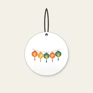 Five Glowing Paper Lanterns Ceramic Ornament in white: A string of five paper lanterns in coral, gold and teal glows against a dark ground.