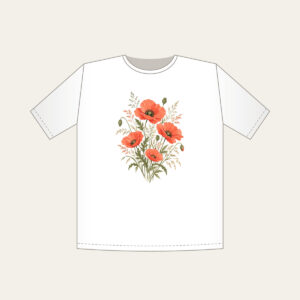 Poppies and Fine Grasses Illustration T-Shirt in white: Poppies and fine grasses drawn in coral and olive on a cream ground.
