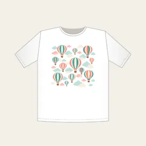 Striped Hot Air Balloons in the Clouds T-Shirt in white: Striped hot air balloons drift through clouds in coral, teal and cream.