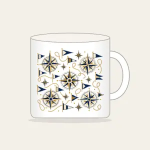 Compass Roses and Pennants Mug in white: Compass roses and pennants repeat in navy, gold and cream.