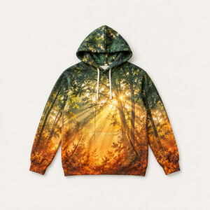Ember Forest Lightweight Hoodie with all-over sun-through-trees print with a gradient from amber at the hem to deep green at the shoulders
