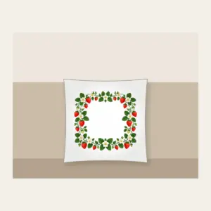 Strawberry and Blossom Border Pillow in white: A border of strawberries and blossoms in red, cream and green surrounds a plain center.