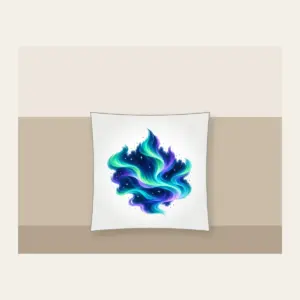Northern Lights over Starry Navy Pillow in white: Flowing aurora bands in green, teal and violet sweep over a deep navy sky dotted with tiny stars.