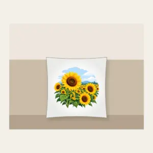 Sunflower Field Under a Pale Sky Pillow in white: A field of yellow and brown sunflowers beneath a pale blue sky.