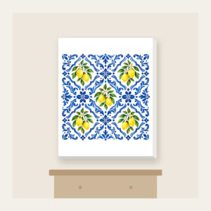 Cobalt Mediterranean Tiles with Lemons Canvas Print in white: An all-over repeat of Mediterranean-style tiles in cobalt and white with small lemon accents.