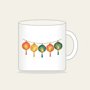 Five Glowing Paper Lanterns Mug in white: A string of five paper lanterns in coral, gold and teal glows against a dark ground.