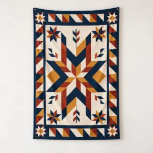 Heirloom Quilt Star Wall Flag with large quilt-style eight-point star medallion in navy, cream, rust and mustard on a field with a patchwork border