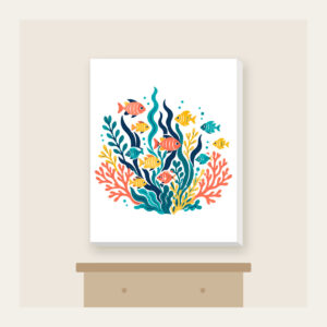 Tropical Fish School and Seaweed on Navy Canvas Print in white: A school of small tropical fish and seaweed in coral, yellow and teal swims on navy.